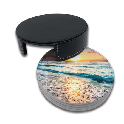 Ocean Theme Sand Beach Wave Sea Water Pattern Leather Drinks Coasters with Holder Set of 6, Suitable for Kinds of Cups