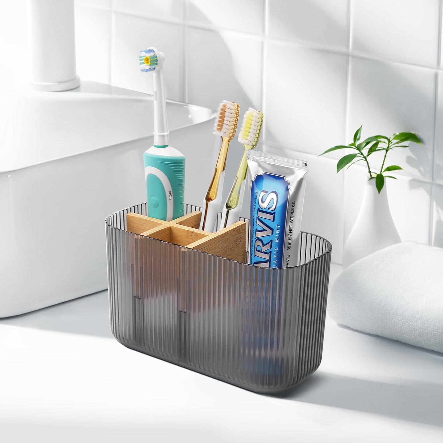 GFWARE Black Bathroom Accessories - 5 Slots Toothbrush Holders for Bathrooms Sink Organizer Countertop Kids Bathroom Storage Caddy Decor