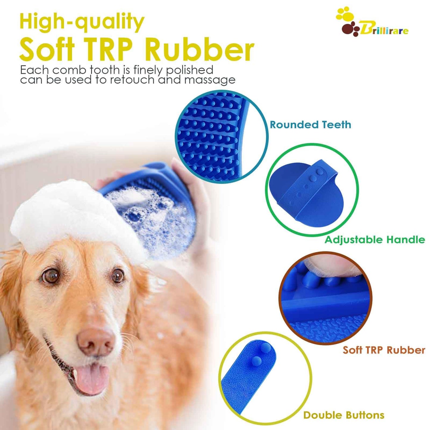 BRILLIRARE 2 Pack Dog Grooming Brush, Premium Soft Silicone Pet Bath Brushes with Adjustable Handle, Shampoo Soothing Comb for Wet Dry Long Short Haired Dogs & Cats Massaging, Deshedding