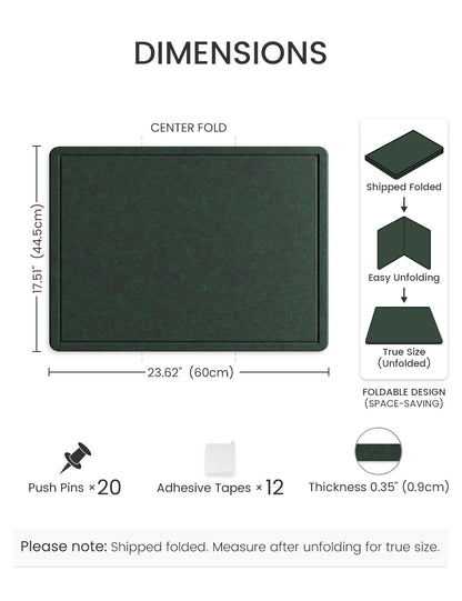 Fluxynara Bulletin Board, 23.6" x 17.5" Cork Board Alternative with 12 Safe Removable Adhesive Tabs, Foldable Felt Pin Board for Home Office, Classroom, Bedroom,Entryway for Walls—Pine Green