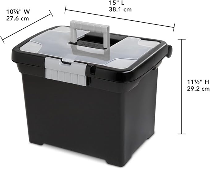 Sterilite 4-Pack Portable File Box, Stackable Container for Letter Hanging Folders, Black - Paper Document Plastic Storage Organizer with Latching Lid for Home, Office, and Dorm Organization