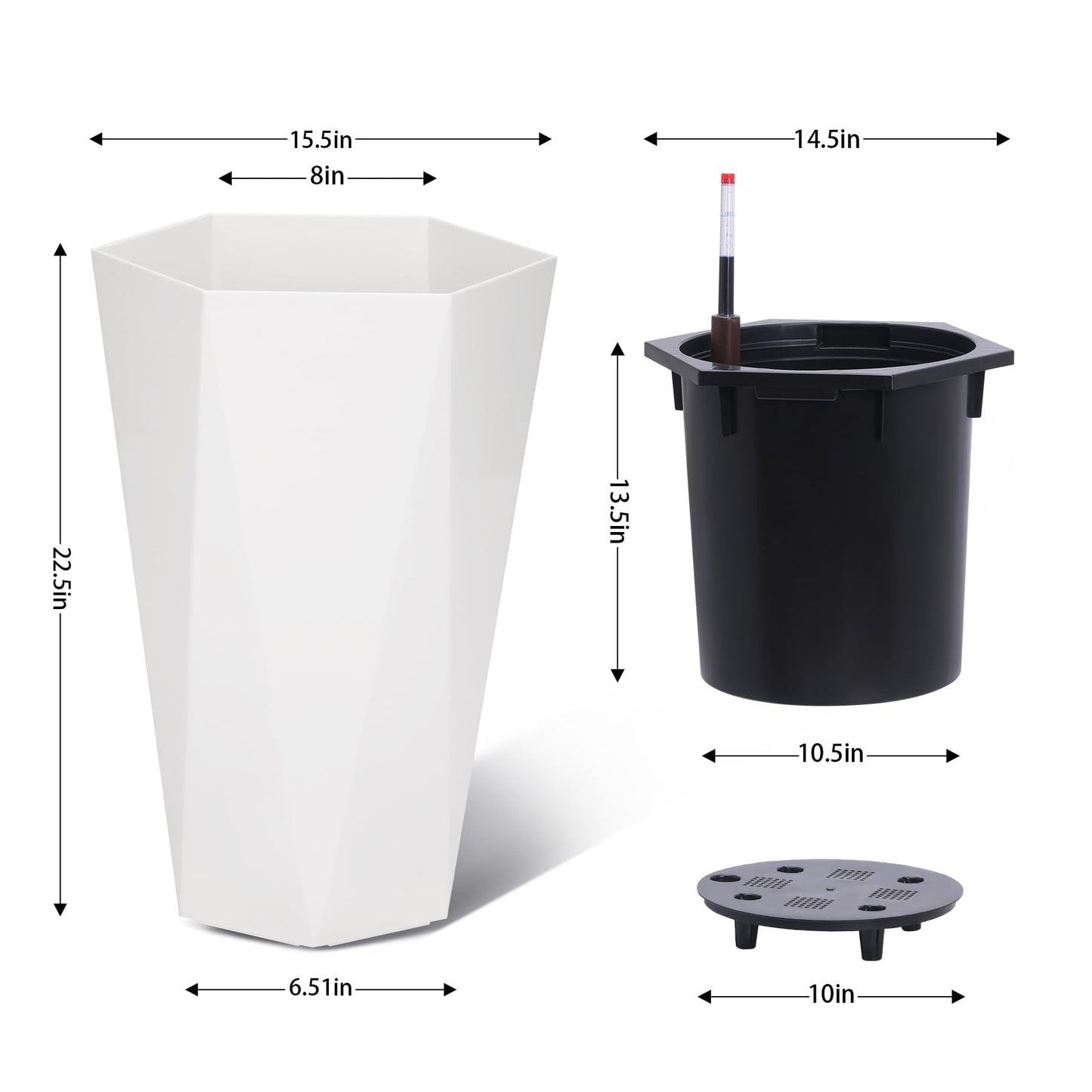 GAOMON 22.5" Tall Planters Set of 2, Self-Watering Diamond Planter Pots with Water Level Monitor and Wheels, Plant Pots Outdoor and Indoor for Room & Office Décor, Garden, Patio, White