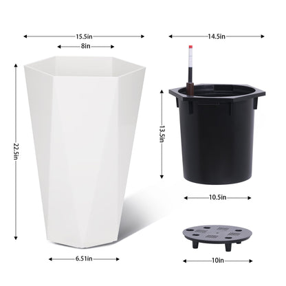 GAOMON 22.5" Tall Planters Set of 2, Self-Watering Diamond Planter Pots with Water Level Monitor and Wheels, Plant Pots Outdoor and Indoor for Room & Office Décor, Garden, Patio, White