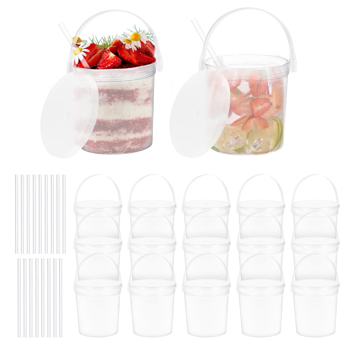 15 Pack Plastic Rum Buckets for Drinks, 32 OZ Cocktail Buckets Reusable Smoothie Bucket with Lid and Straw, 1Liter Large Ice Cream Pails for Halloween Football Parties Bar Beer