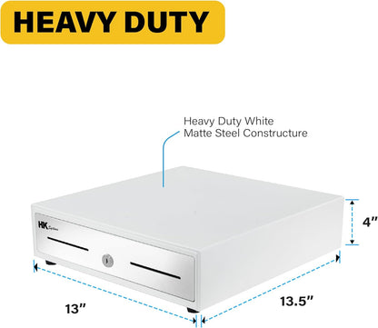 HK SYSTEMS 13inch "Stainless Steel" Front WHITE Heavy Duty POS Interface Cash Drawer with 4Bill/5Coin