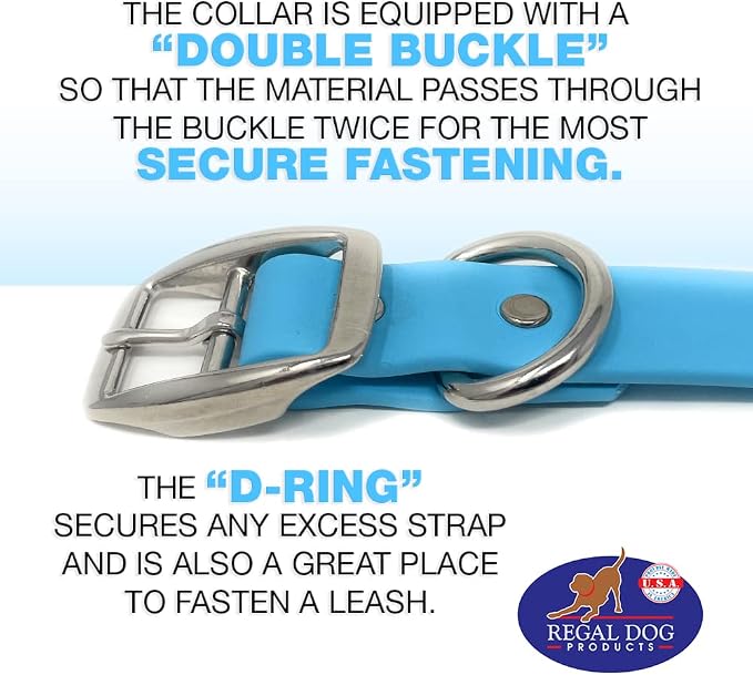 Regal Dog Products Large Light Blue Dog Collar with Heavy Duty Double Buckle & D Ring | Vinyl Coated, Custom Fit, Adjustable Biothane Dog Collar Chew Resistant Waterproof Collar for Dogs