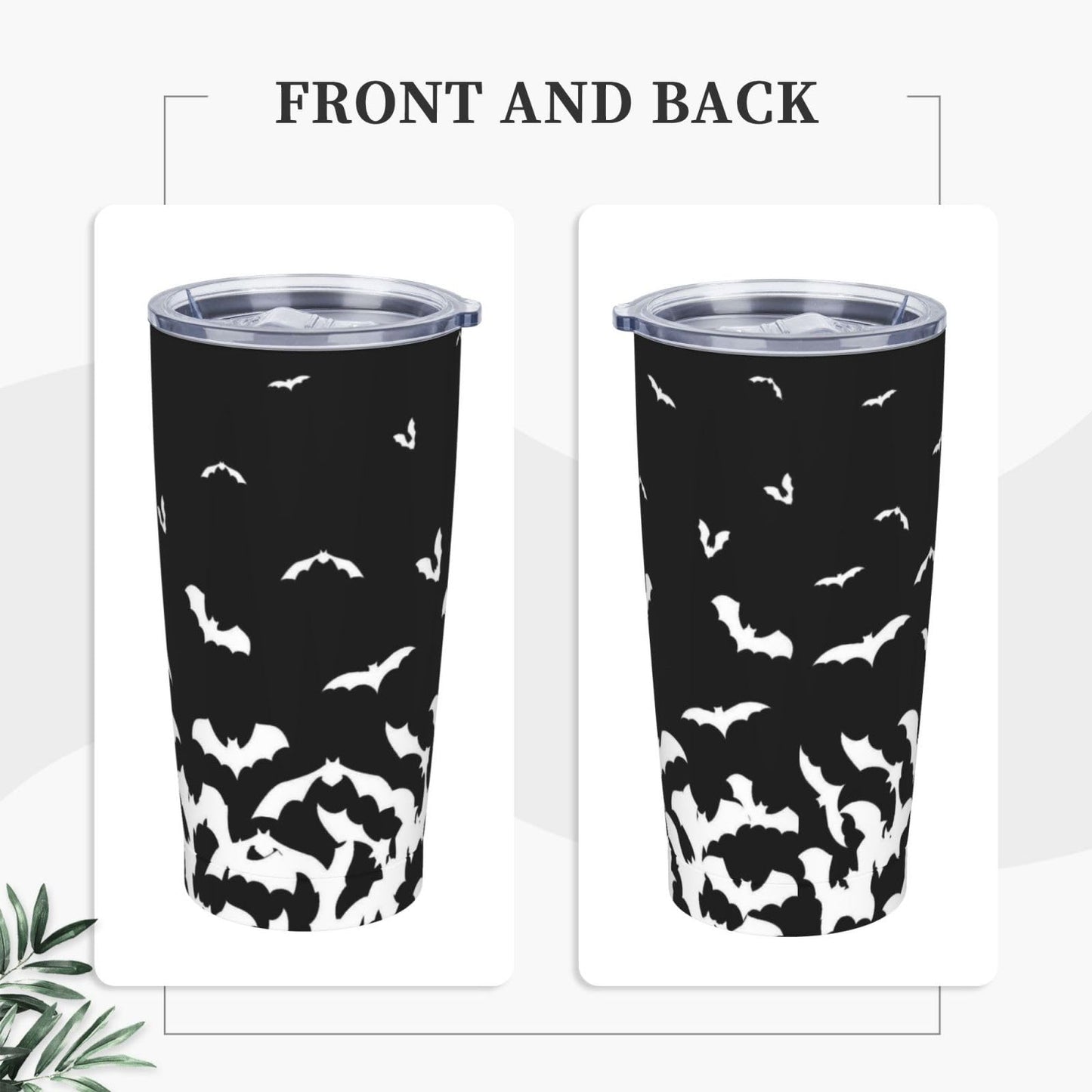 TOUNHEYA Halloween Bat Tumbler with Lid and Straw Black White 20oz Insulated Stainless Steel Cup Animal Travel Coffee Mug Water Bottle for Women Gift for Birthday Christmas