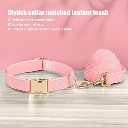 PET ARTIST Soft PU Leather Dog Collar and Leash Set, Bright & Stylish 5FT PU Leather Leash and Collar Set, Durable Pet Collars with Quick Release Metal Buckle for Large Dogs,Pink,L(16-27")