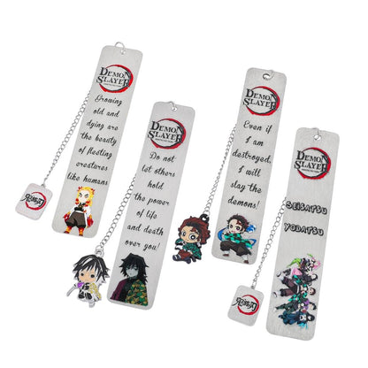 Demon Kamado Bookmark Page Mark, Anime Tanjiron Zenitsu Giyuu Kyoujurou Figure Hollowed-Out Metal Book Mark Reading Tool, Stationery Gifts for Reading Lovers Bookworm (4pcs)