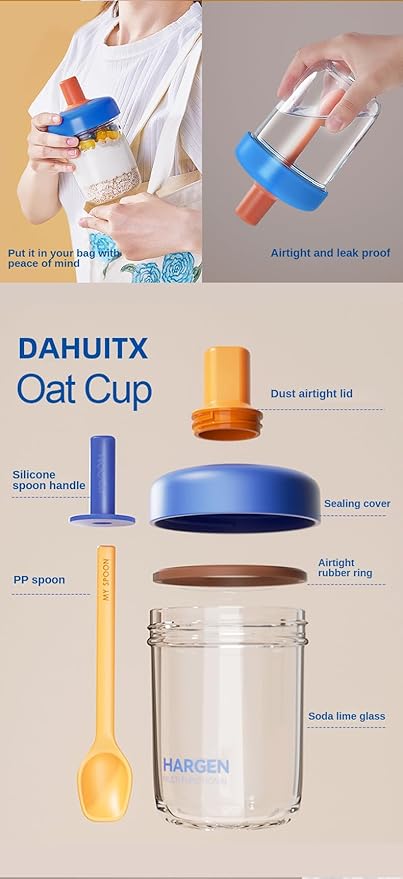 2 Pack Overnight Oats Containers with Lids and Spoons, 13.5 oz Breakfast Yogurt Cup to Go, for Milk, Cereal, Oatmeal (Blue+Green)