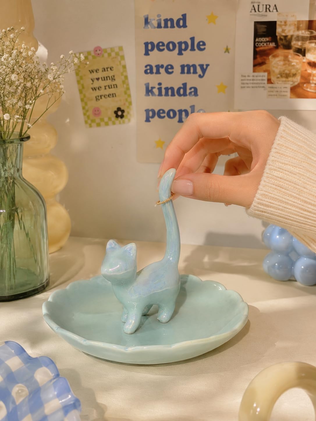 bwszrosa Cat Ring Holder Jewelry Dish–Ceramic Trinket Tray for Rings,Earrings,Necklaces & Bracelets,Cute Cat Jewelry Organizer for Vanity,Nightstand,Dresser,Birthday Gift for Women,Girls Cat Lovers