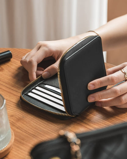 Plinvo Slim Genuine Leather Wallet for Women RFID Blocking Bifold Credit Card Holder with Zipper Pocket (Black)