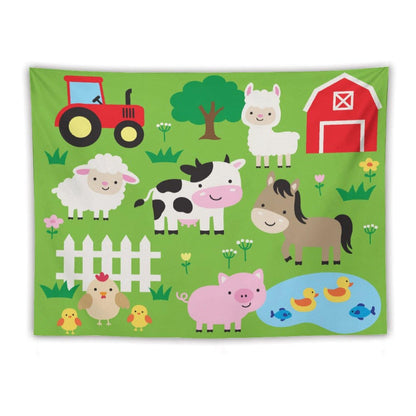 DDCBNS Cute Animal Tapestry, Cartoon Farm Animal Wall Hanging for Baby Kids' Rooms, Green Color, 80" x 60"