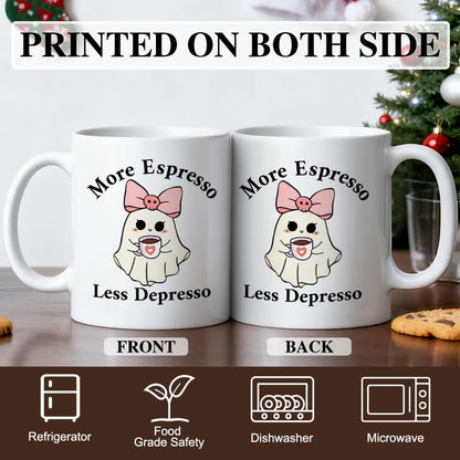 LAGZDFC More Espresso Less Depresso Ceramic Coffee Mug for Women, Funny Halloween Ghost 11oz Coffee Mug Gifts for Coworker Mom, Caffeine Lover Gifts, Anxiety Relief Mugs, Mental Health Humor Present