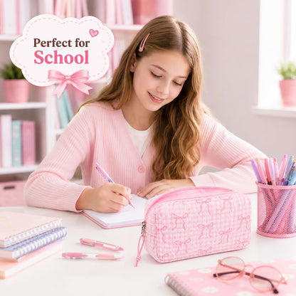 LEDAOU Cute Pencil Case for Kids Girls Boys Pencil Pouch kawaii Pen Pencil Box Bag Holder for School Students (Corduroy Pink Bow Checkered)
