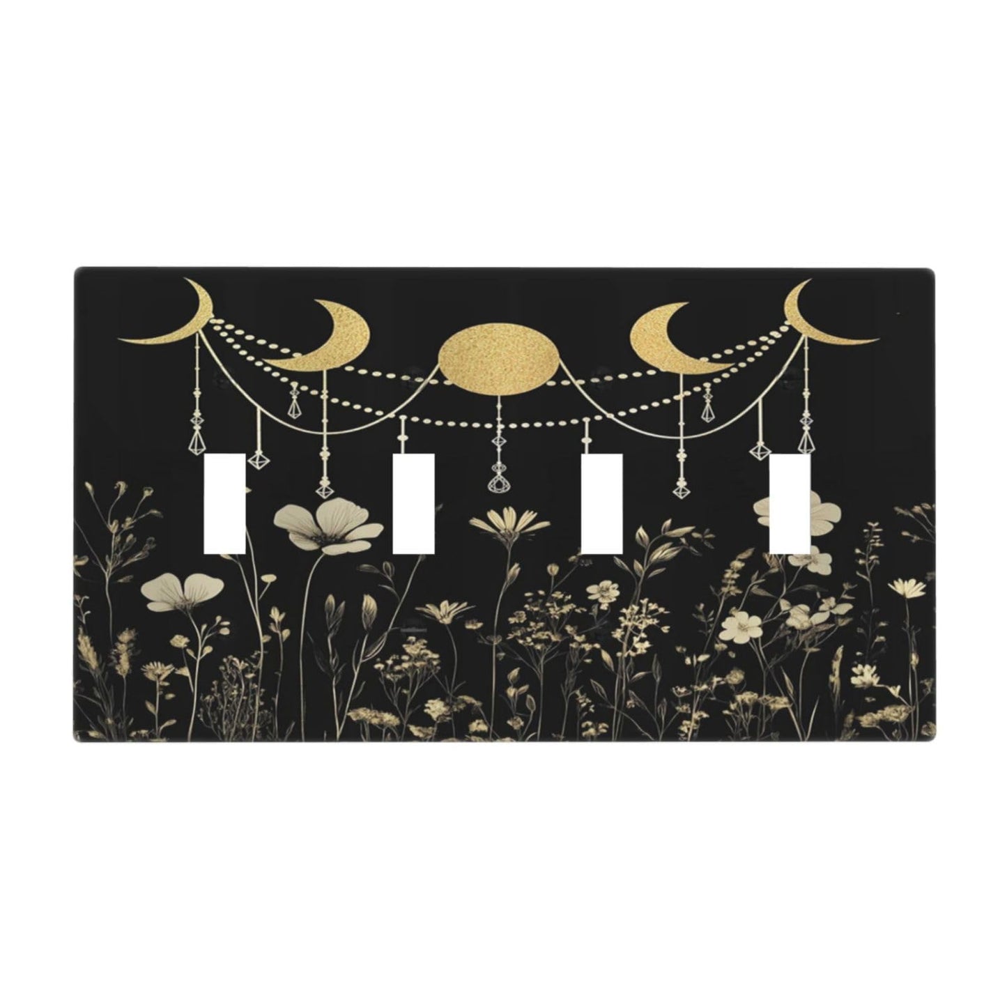Wildflower Moon Phase Black Gold Dark Floral Rustic Light Switch Covers Quad Toggle Electrical Faceplate 4 Gang Wall Plate Decorative Switch Plates Cover for Bedroom Living Room Decor