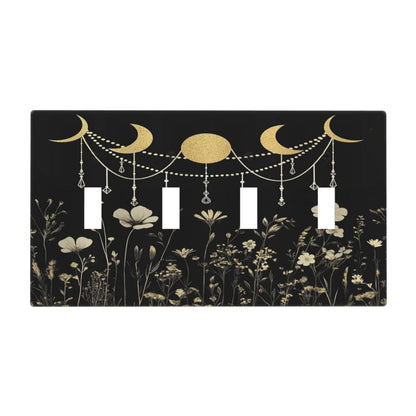 Wildflower Moon Phase Black Gold Dark Floral Rustic Light Switch Covers Quad Toggle Electrical Faceplate 4 Gang Wall Plate Decorative Switch Plates Cover for Bedroom Living Room Decor