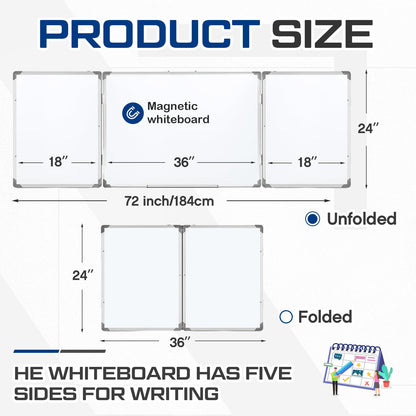 AmazingSpark 72" x 24" Foldable Whiteboard Dry Erase Board Large Tri Folding Whiteboard Magnetic Dry Erase Board, Wall Aluminium Frame and Flip Out Pen Tray for Office, Home