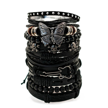 Aijewelop 10pcs/set Black Punk Style PU Leather Bracelet Set - Adjustable Cuff Wraps for Men & Women, Perfect for Casual Attire & Gifting