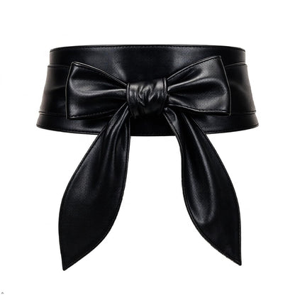 Clove Rise Women Wide Waist Belt | Soft PU Leather Obi Belt | Wrap Around Knotted Tie Belt for Dresses | Fashionable Long Sash with Bow | Plus Size Adjustable Waistband (black)