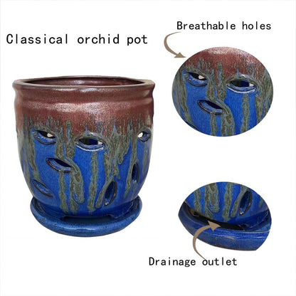 Fowargif Large 6inch Ceramic Orchid pots with Holes, Flower Pot with Saucer for Indoor Plants Home Decorative, Round Planter (Blue+Golden Brown)