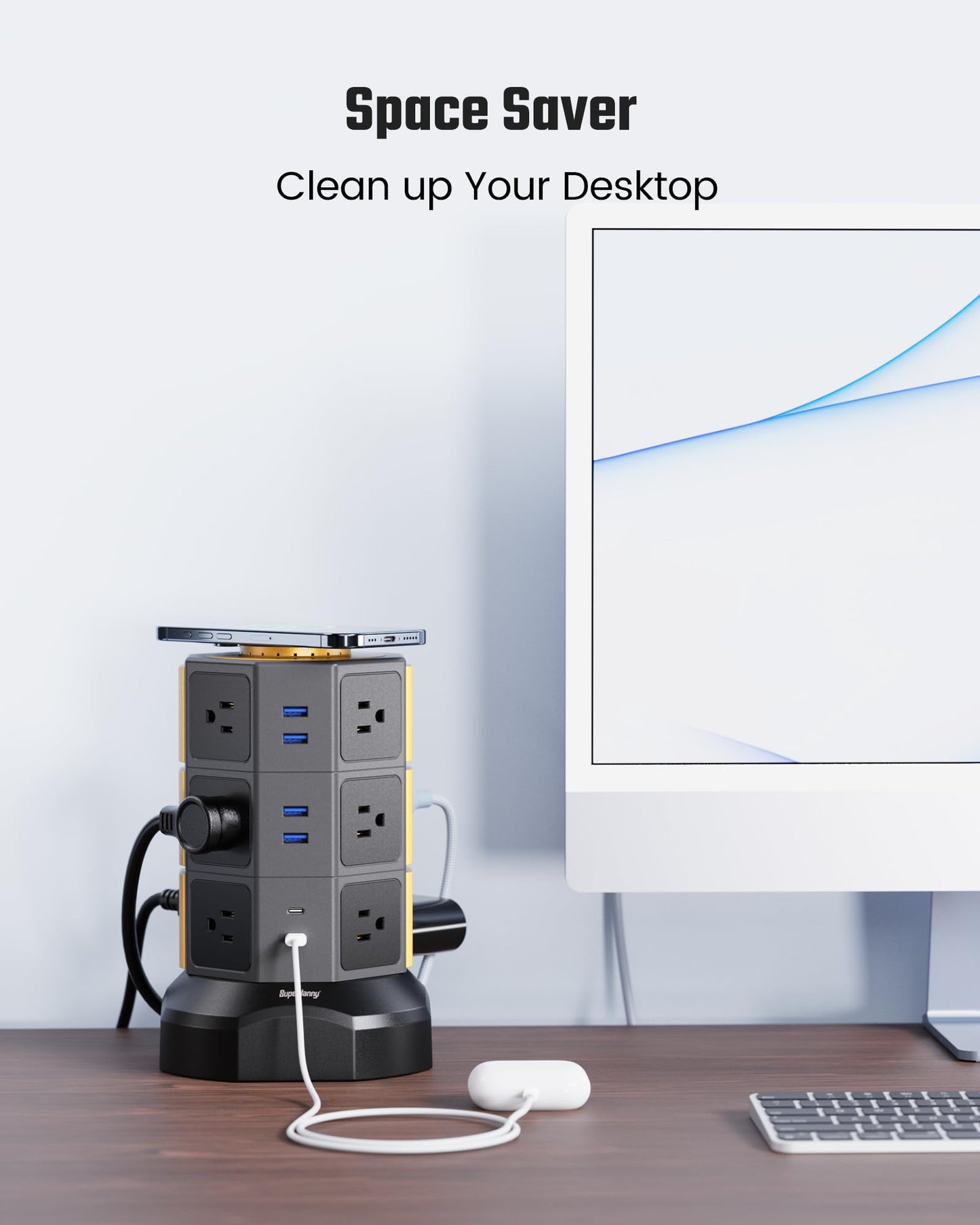 Power Strip Tower, SUPERDANNY Surge Protector Tower with 15W Wireless Charger, 1050J, 13A Charging Station with 12 AC Outlets & 6 USB Ports (2 USB C), 6.5ft Extension Cord for Home Office Dorm, Gold