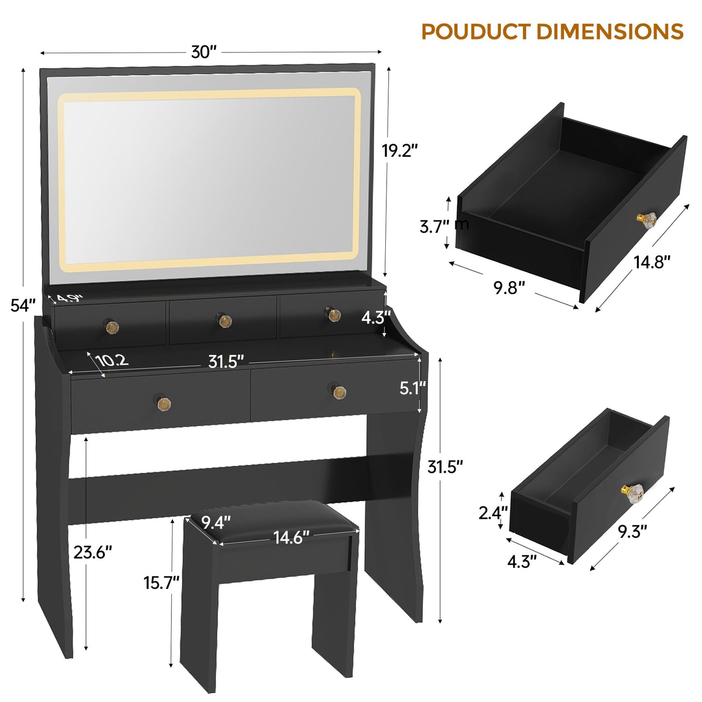 COMHOMA Makeup Vanity Desk with Mirror and Lights, Vanity Table and Chair Set with 5 Drawers and Charging Station, Bedroom Dresser LED Mirror Stepless Dimmable & 3 Color Modes Adjustable, White