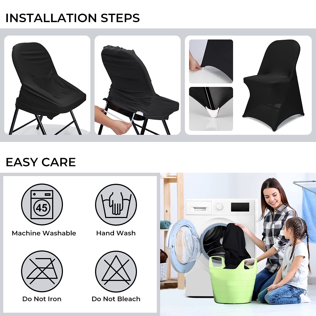 Babenest Spandex Folding Chair Covers - 30PCS Halloween Upgraded Universal Stretch Washable Fitted Chair Slipcovers Protector for Wedding, Holidays, Banquet, Party, Celebration (Black)