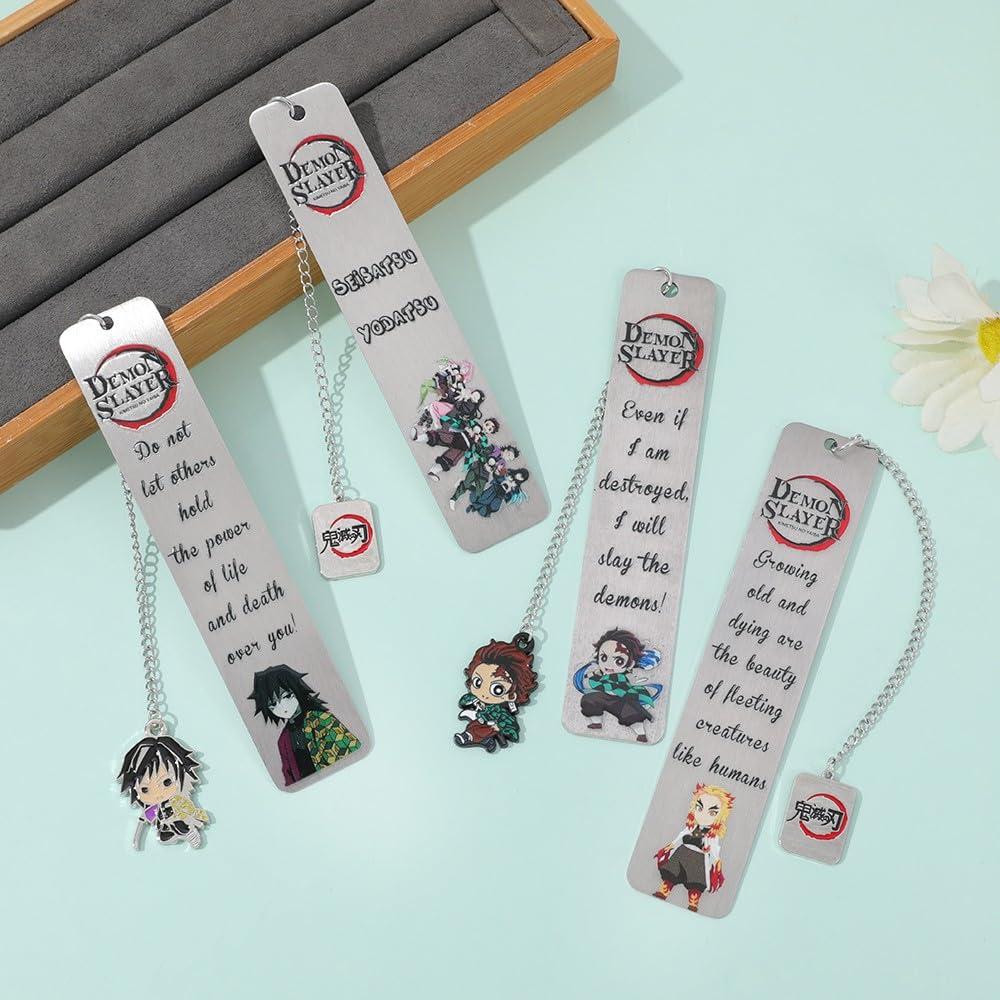 Demon Kamado Bookmark Page Mark, Anime Tanjiron Zenitsu Giyuu Kyoujurou Figure Hollowed-Out Metal Book Mark Reading Tool, Stationery Gifts for Reading Lovers Bookworm (4pcs)