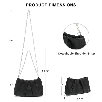Dasein Elegant Pleated Evening Bag Soft Vegan Leather Clutch Purse Dressy Formal Handbag with 2 Chain Straps for Women (Black)