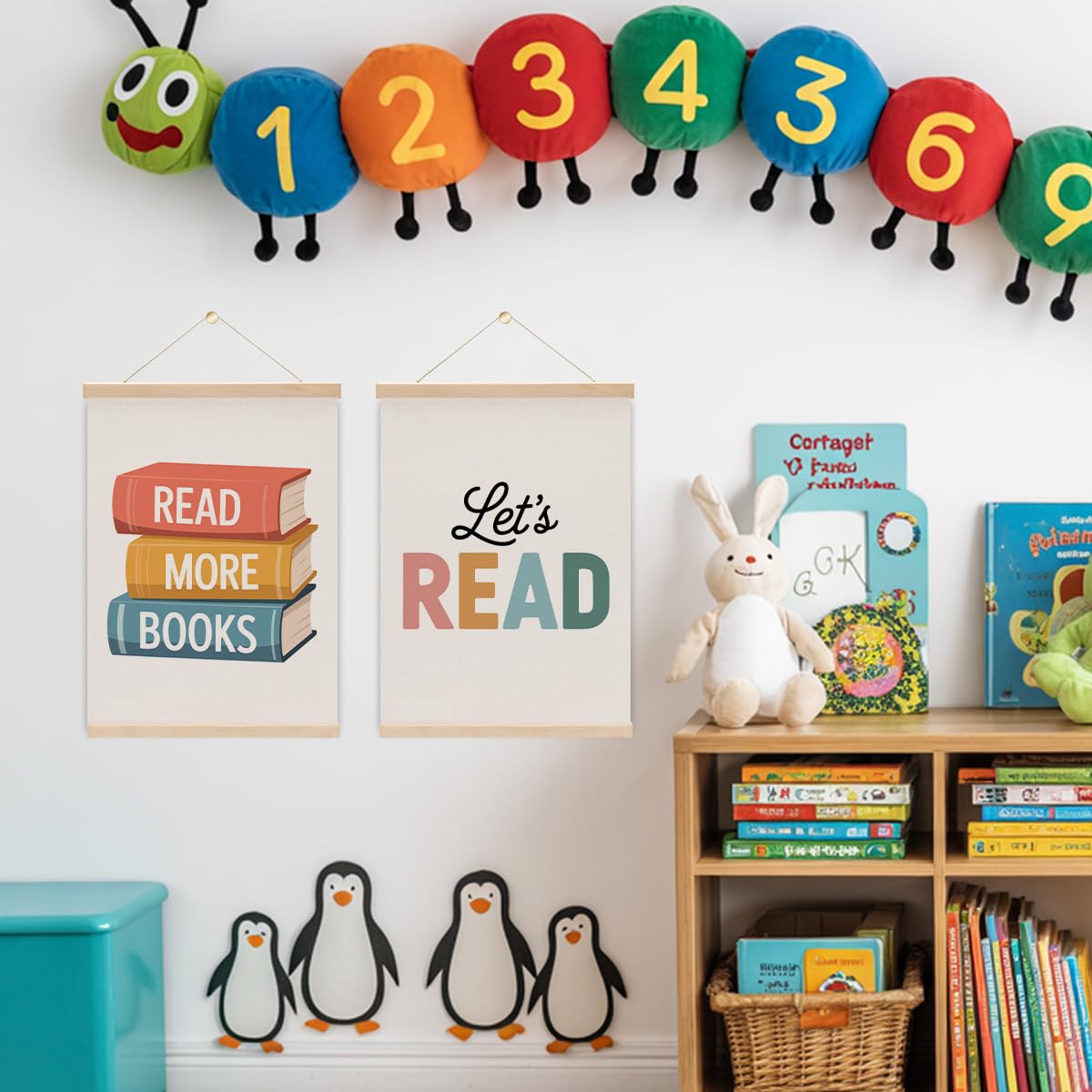2PCS Books Read Poster Hanger,Reading Nook Library Decor,Educational learning Posters Hanger,Let's Read Sign Wall Art Wall Hanging Banner for Reading Room Classroom Nursery Decor 15.8x11.8 Inch