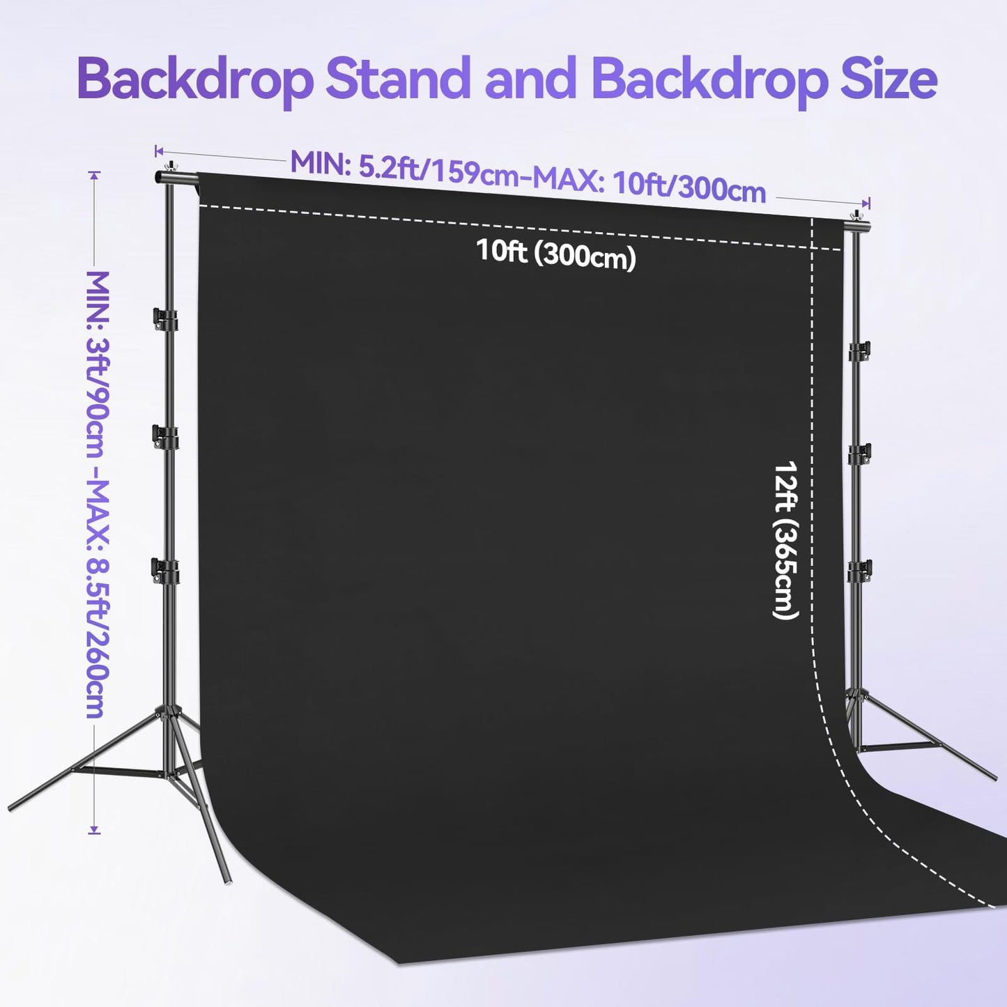 EMART 8.5 x 10 ft Adjustable Photo Backdrop Stand Kit with 12 x 10 ft Portable Black Backdrop, Background Holder Support System Kit for Photography, Party, Live Game, Interviews, YouTube, TIK Tok