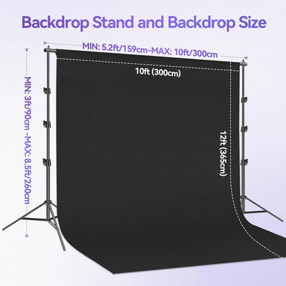 EMART 8.5 x 10 ft Adjustable Photo Backdrop Stand Kit with 12 x 10 ft Portable Black Backdrop, Background Holder Support System Kit for Photography, Party, Live Game, Interviews, YouTube, TIK Tok