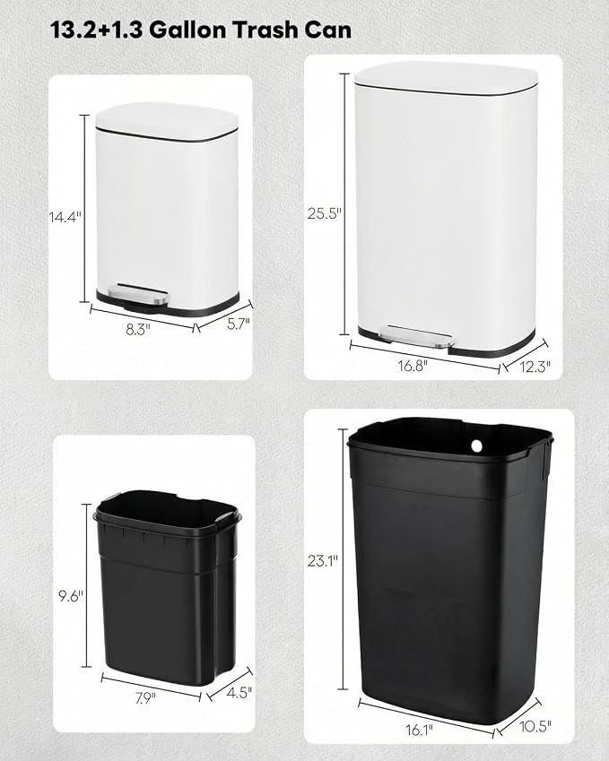 ComfyCorner 13.2+1.3 Gallon Trash Can Combo Set, Stainless Steel Garbage Bin with Pedal, Removable Inner Waste Bucket, Anti-Fingerprint, Soft-Close Locking Lid Dustbin for Kitchen, Bathroom, Office
