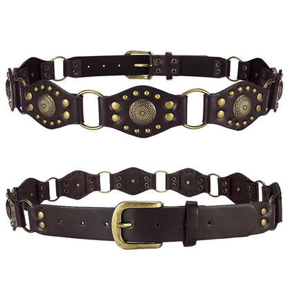 JFYSJH Brown Western Belts for Women Cowgirl Y2K Studded Leather Concho Chain Belt Wide Boho Disc Vintage Country Belts for Dresses Jeans, Fit Waist 38" to 42"
