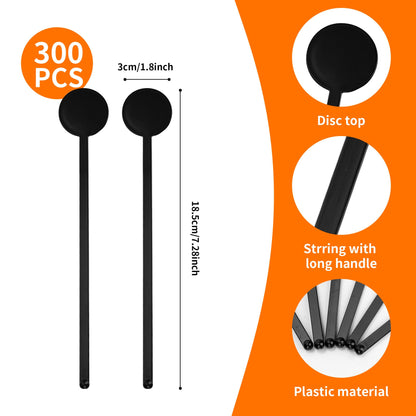 YEUIKERR 300 Pcs 7.3 Inch Cocktail Swizzle Sticks Black Drink Stirrers Disposible Plastic Disc Top Drink Stirrers,Mixing Rod for Bar Drinks,Coffee,Whiskey Beverage
