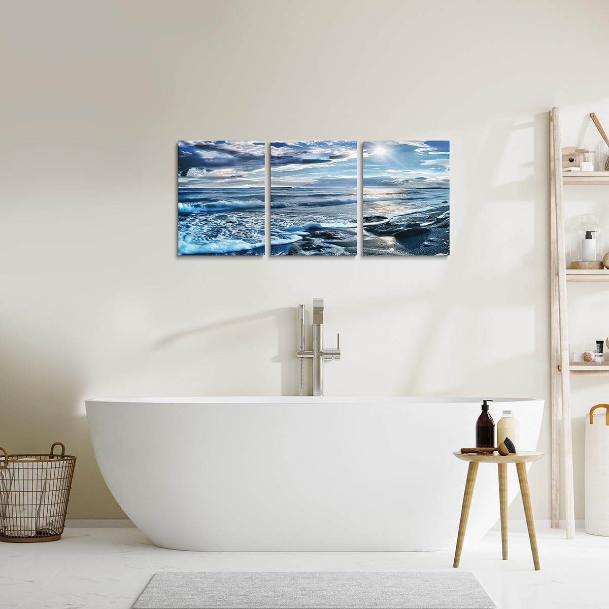 Canvas Wall Art Set of 3 for Living Room Bedroom, Blue Beach Paintings Wall Decor Ocean Sea Wave Print Wall Art Ocean Scenery Poster Prints for Bathroom Home Decor,Rustic Farmhouse Artwork Decor