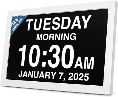 American Lifetime New 2026 Dementia Clock Large Digital Clock for Seniors, Digital Calendar Large Display, Custom Alarms, Clock with Day & Date for Elderly 18.5 Inches White