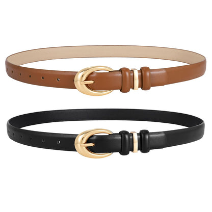 LEACOOLKEY 2 Pack Women Leather Belts for Jeans Dress Fashion Ladies Belt with Gold Silver Buckle