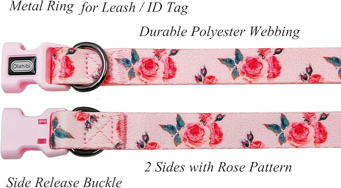 Dog Collar and Leash Set, Cute Rose Pattern, Polyester Material, 5ft Leash, for Medium Dogs.(Medium,Pink Rose)