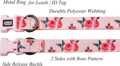 Dog Collar and Leash Set, Cute Rose Pattern, Polyester Material, 5ft Leash, for Large Dogs.(Large,Pink Rose)