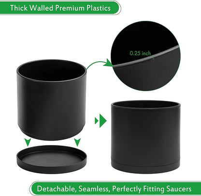 D'vine Dev 2 Pack 8 Inch Modern Plastic Plant Pots, Cylindrical Garden Planters for Plants with Drainage Holes and Saucers, Black, 74-Y-M-1