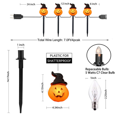 Halloween Hooded Pumpkin Pathway Lights Outdoor, 7Ft C7 Outdoor Halloween Decorations Pathway String Lights with 4 Jack O Lantern Pumpkin Stakes Lights for Garden Yard Walkway Lawn Party Driveway