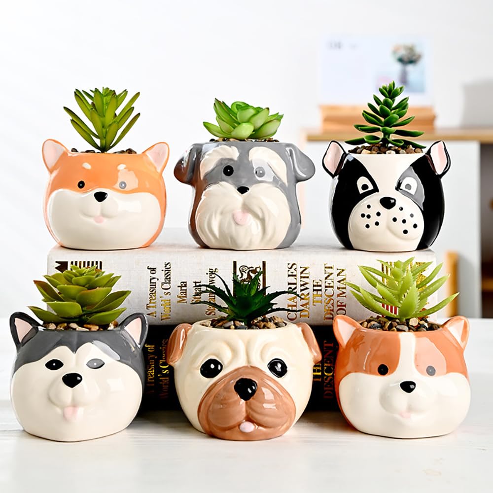 DIYOMR Cute Pet Dog Ceramic Planter Small Succulent Pot Cartoon Shaped Plant Pot for Mini Plants Flower Cactus, Smooth Shiny Ceramic - Plants Not Included (Akita)