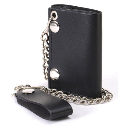 Milwaukee Leather MLW7831 Men's 4" Classic Black Plain Genuine Leather Tri-Fold Biker Wallet w/Anti-Theft Stainless Steel Chain - One Size