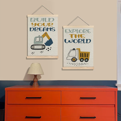 BearCake Construction Decor for Boys Room, Cartoon Excavator Truck Wall Art Poster Hanger Frame, Construction Canvas Prints Framed Wall Decor for Toddler Boy Room Playroom Nursery, 12x16 Inch Set of 2