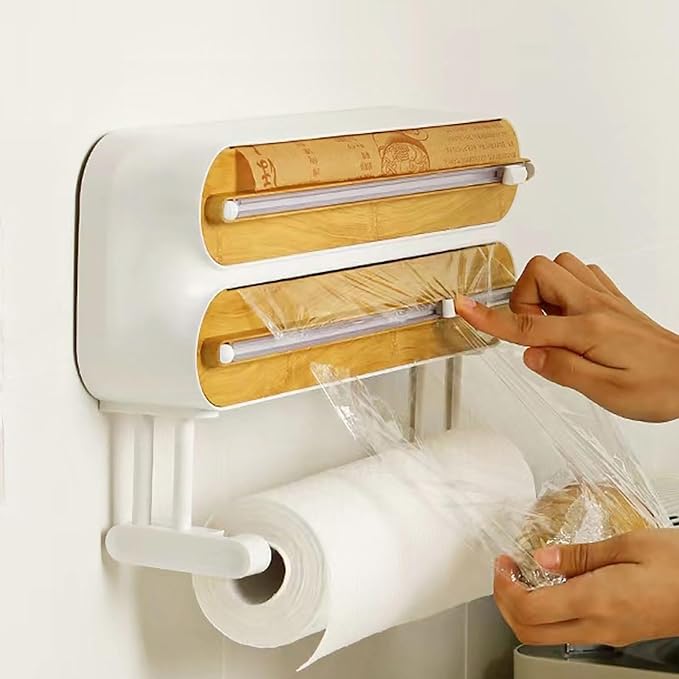 Magnetic Plastic Wrap Dispenser with Cutter,3 in 1 Aluminum Foil and Plastic wrap Organizer with Paper,Wall Mount Kitchen Wrap Dispenser - Fits 12" Roll, White (Wooden)