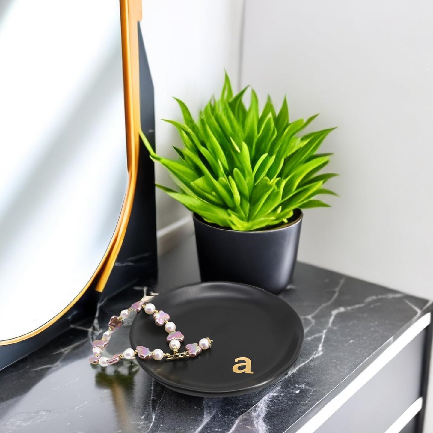 COLLECTIVE HOME - Ceramic Jewelry Tray, Decorative Trinket Dish for Rings Earrings Necklaces Bracelet Watch Keys, Birthday Mother's Day Christmas Gift for Women, 4.75", Black Surface (a)
