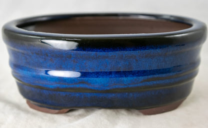 Calibonsai Oval Shohin Bonsai Pot, Cactus & Succulent Planter + Mesh 6"x 4.5"x 2.5" - Blue Stain Glazed