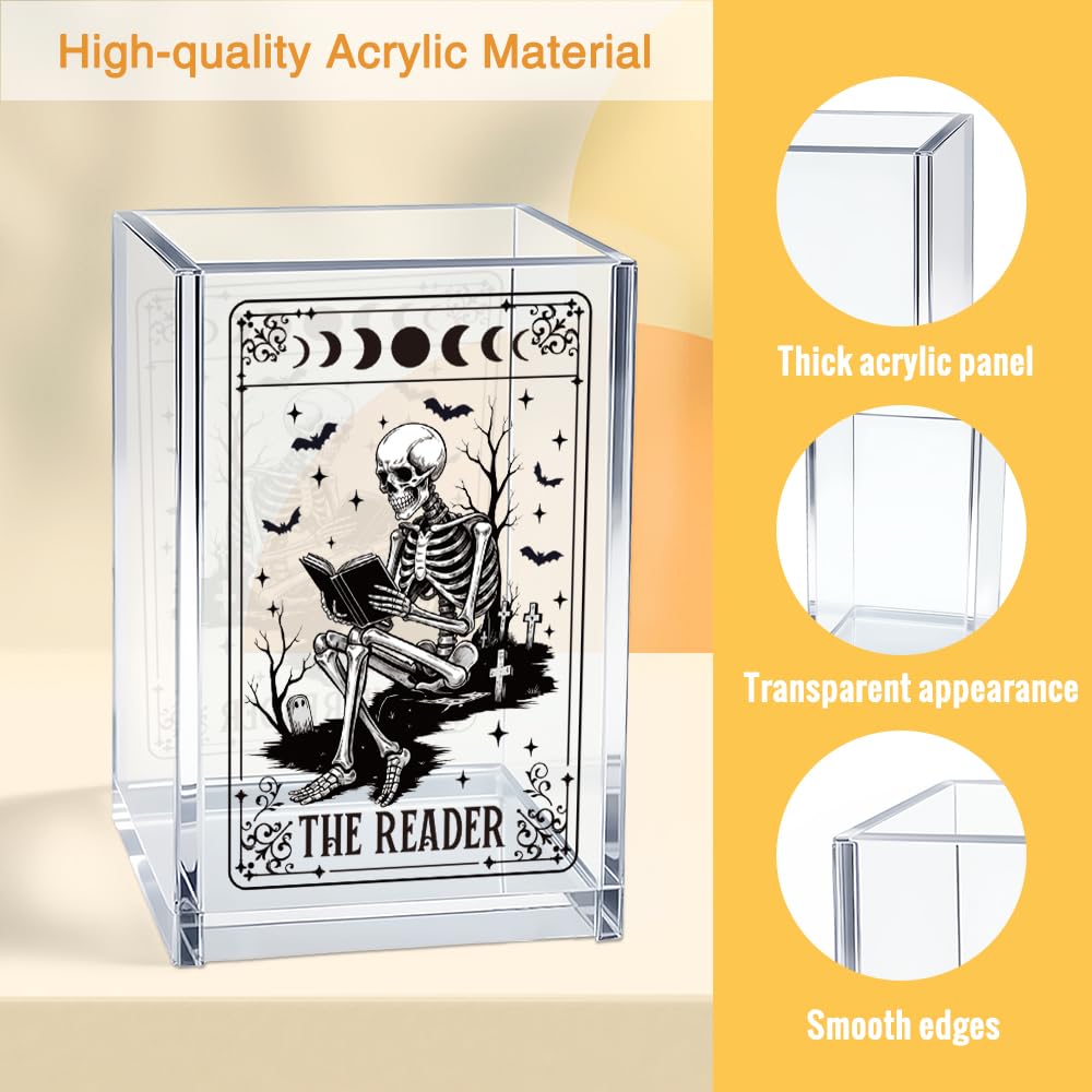 Mhfpl The Reader Acrylic Cosmetic Pencil Pen Holder Cup, Funny Bookworm Skeleton Theme Gifts for Bookworm Book Lover Reader Book Club Member College Student, Thank You Gifts for Librarian Teacher